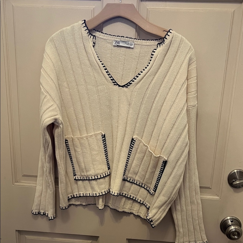 Zara Cream Knit Sweater with Black Accents